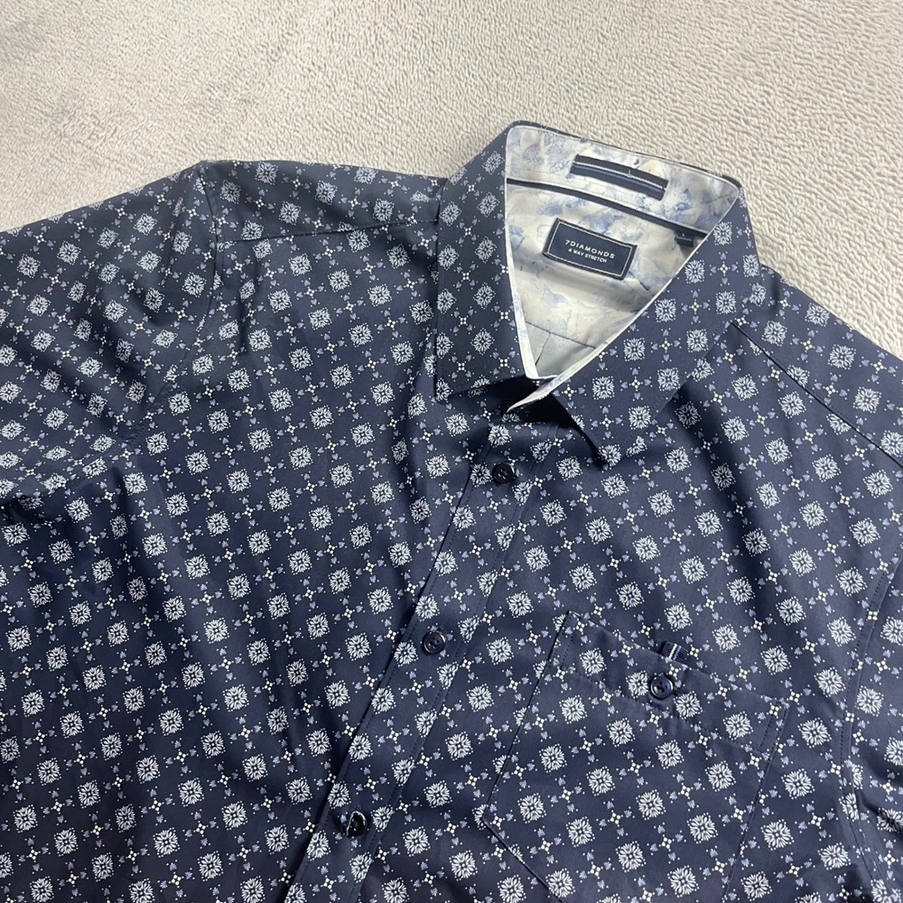 7Diamonds Flora Dance Mens Large Navy Blue 4 Way Stretch Short Sleeve Shirt L